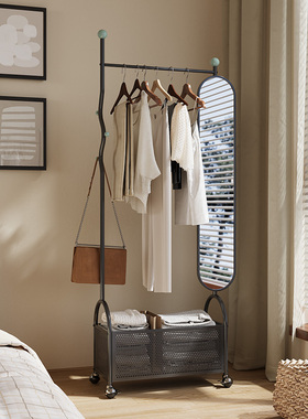 卧室多功能试衣镜挂衣架可移动铁艺置物架中古风穿衣镜衣帽架一体