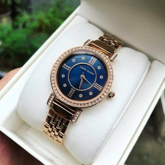 代购anne klein女表玫瑰金蓝盘简约时尚镶钻2928nvrg钢带石英手表