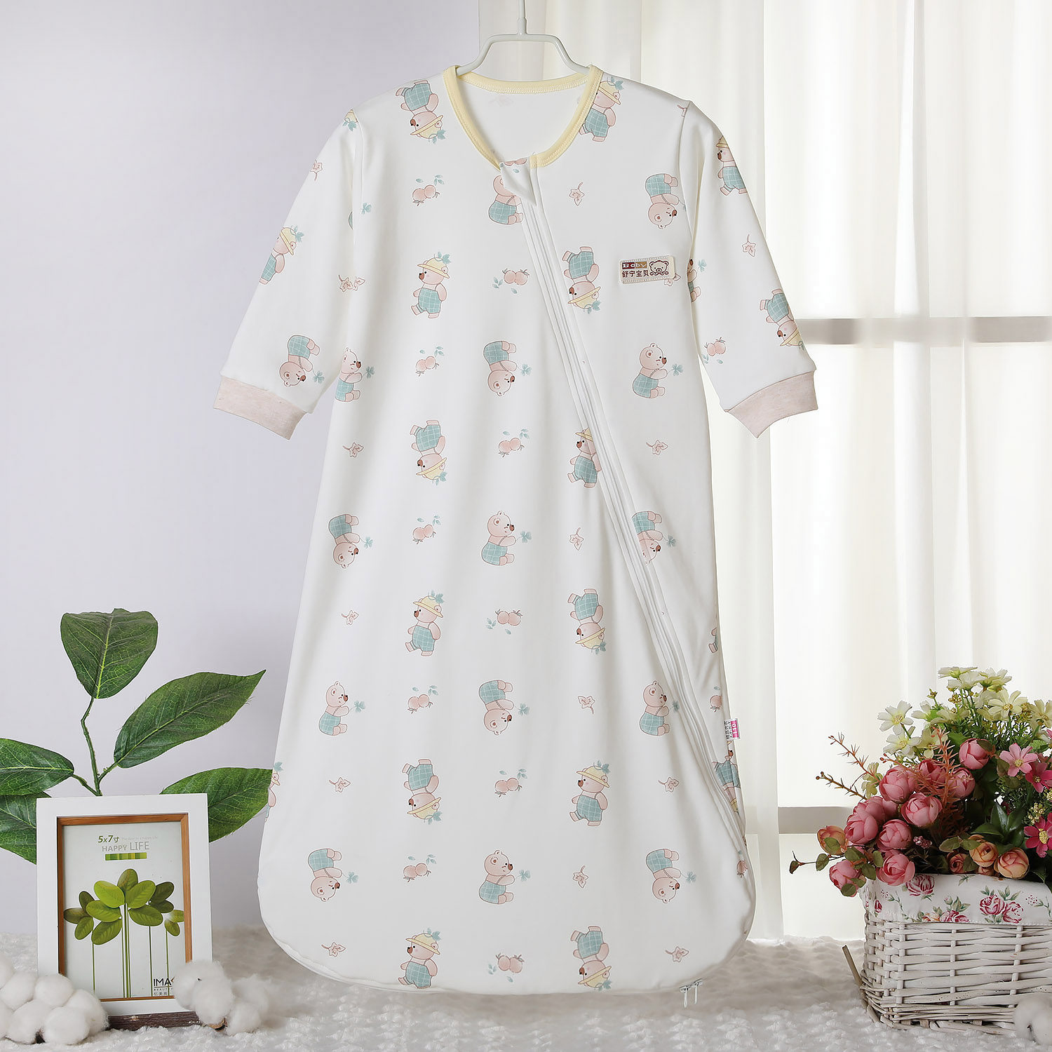 春秋夏薄款单层纯棉秋衣一体宝宝睡袋婴儿长袖纯棉U型防踢被睡衣