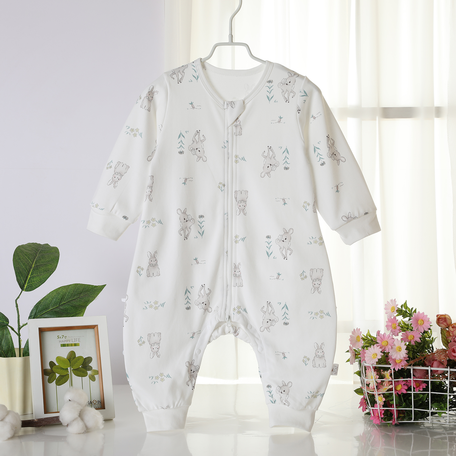 春秋夏纯棉单层薄款婴儿新生儿连体分腿睡袋宝宝防踢被拉链睡衣