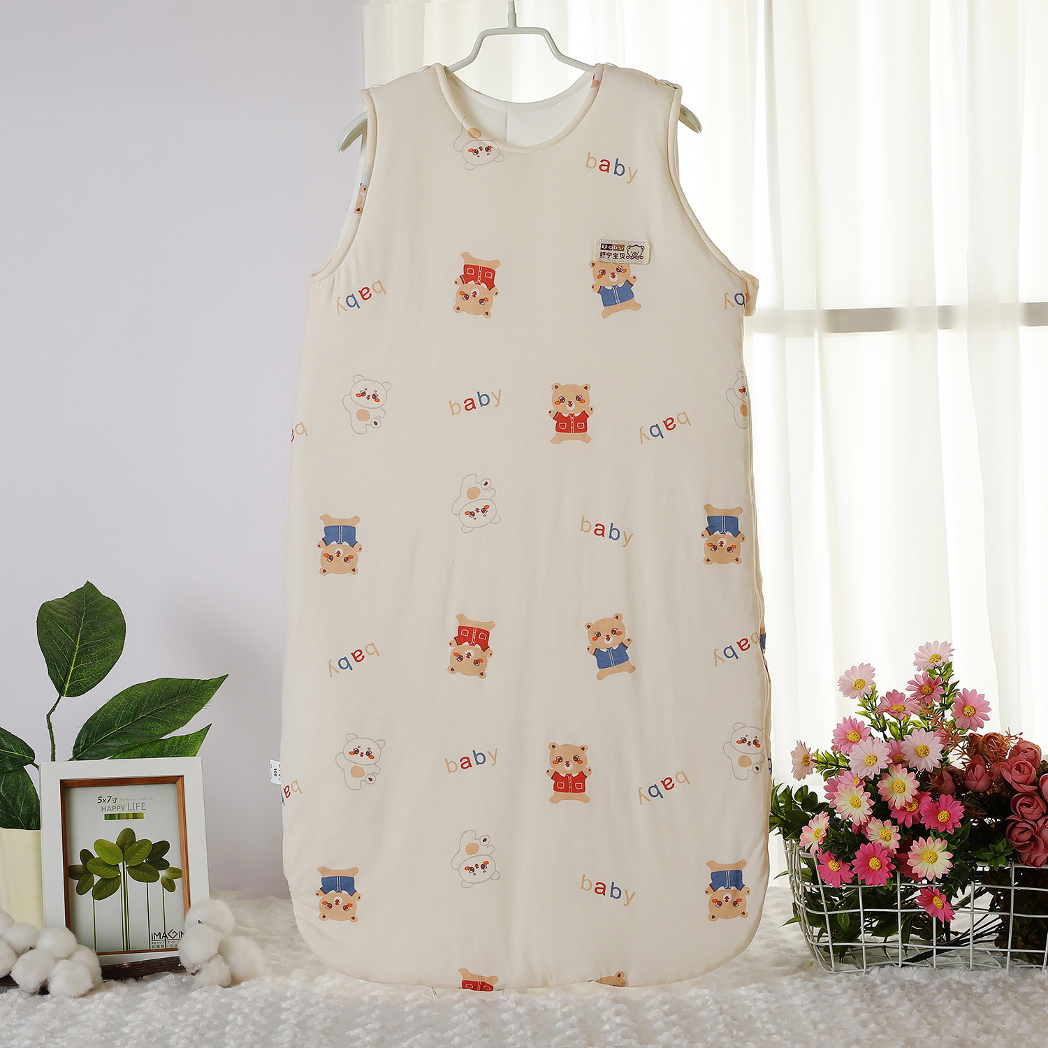 婴儿睡袋春秋冬薄棉宝宝纯棉夹棉无袖U型包腿新生儿一体式防踢被