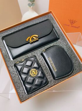 复古实用钱包3件套礼盒女士生日印花钱夹卡包PU拉链长款多层钱包