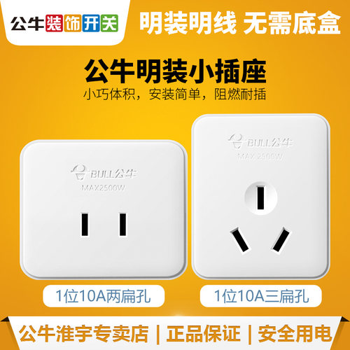 公牛两脚2孔10a母头明装临时插座
