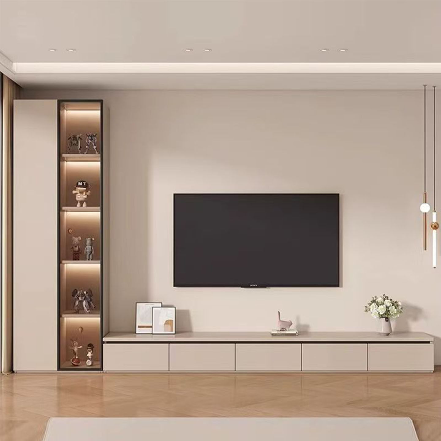 电视柜客厅2026新款家用轻奢实木多层板展示柜收纳储物柜一体定制