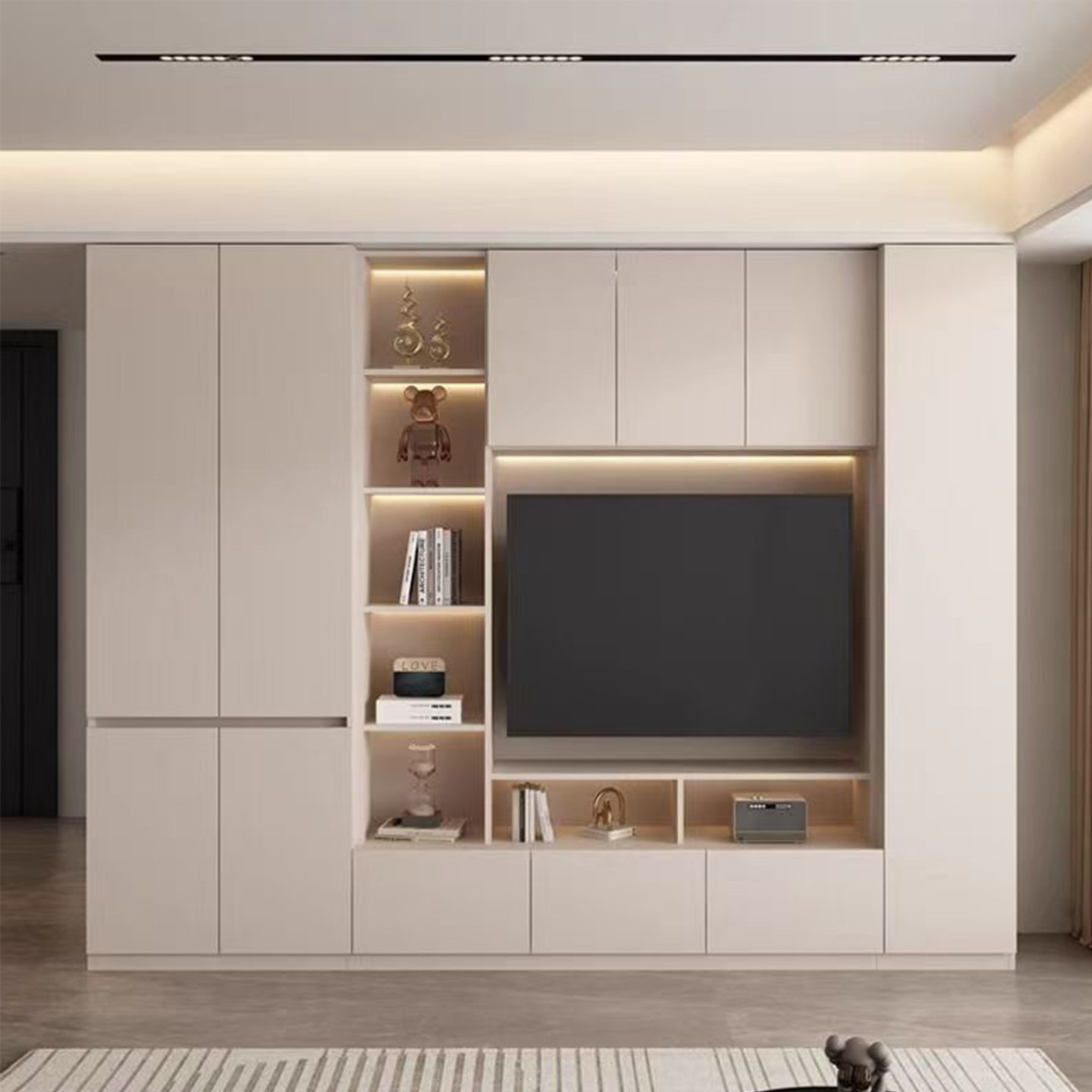 奶油风电视柜客厅家用收纳储物柜一体组合墙高柜落地背景墙柜定制