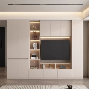 奶油风电视柜客厅家用收纳储物柜一体组合墙高柜落地背景墙柜定制