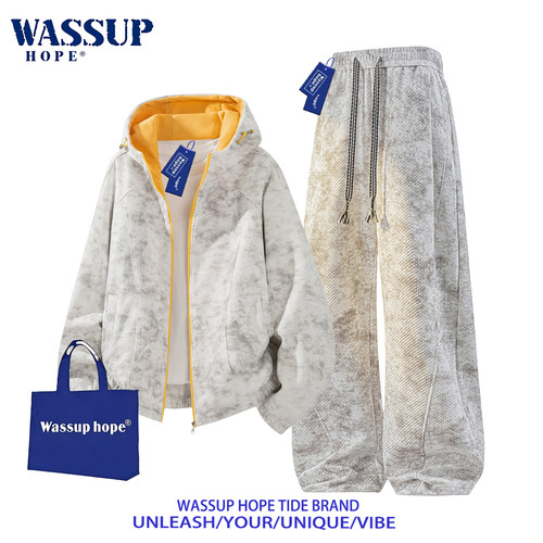WASSUP HOPE美式扎染连帽夹克休闲套装男春秋季新款宽松运动外套