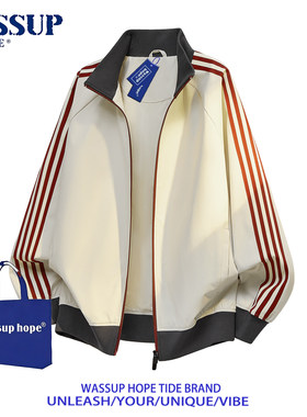 WASSUP HOPE美式复古条纹立领夹克男款春秋季宽松百搭运动服外套