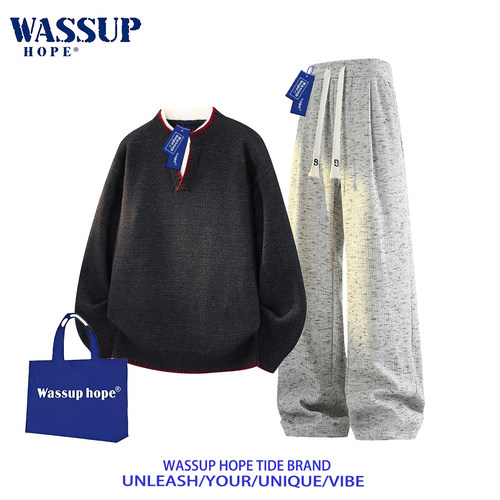 WASSUP HOPE休闲套装男春秋季新款假两件v领卫衣宽松直筒阔腿长裤 - 封面