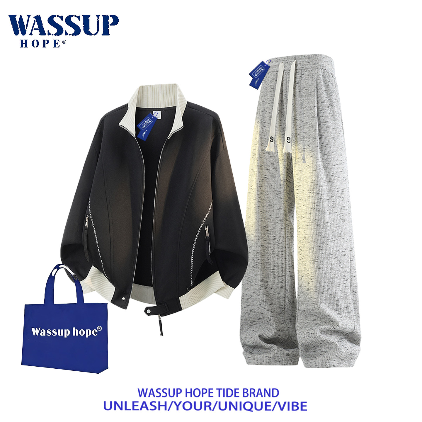 WASSUP HOPE百搭立领撞色长袖夹克男春秋季直筒休闲长裤时尚套装