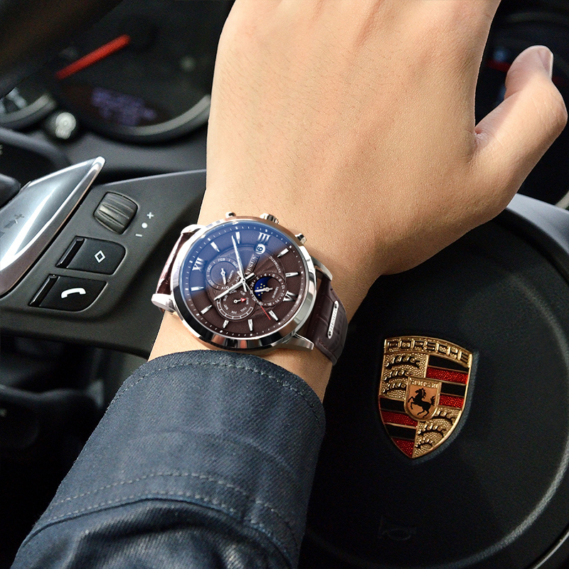 新款尼尚全自动真皮带夜光手表