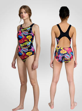 NSA泳衣女三角连体无袖露背印花速干健身训练游泳衣