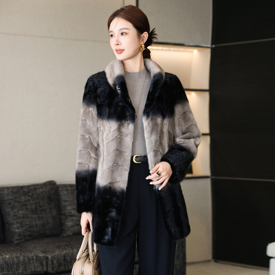 水貂皮毛月牙貂皮大衣中长款