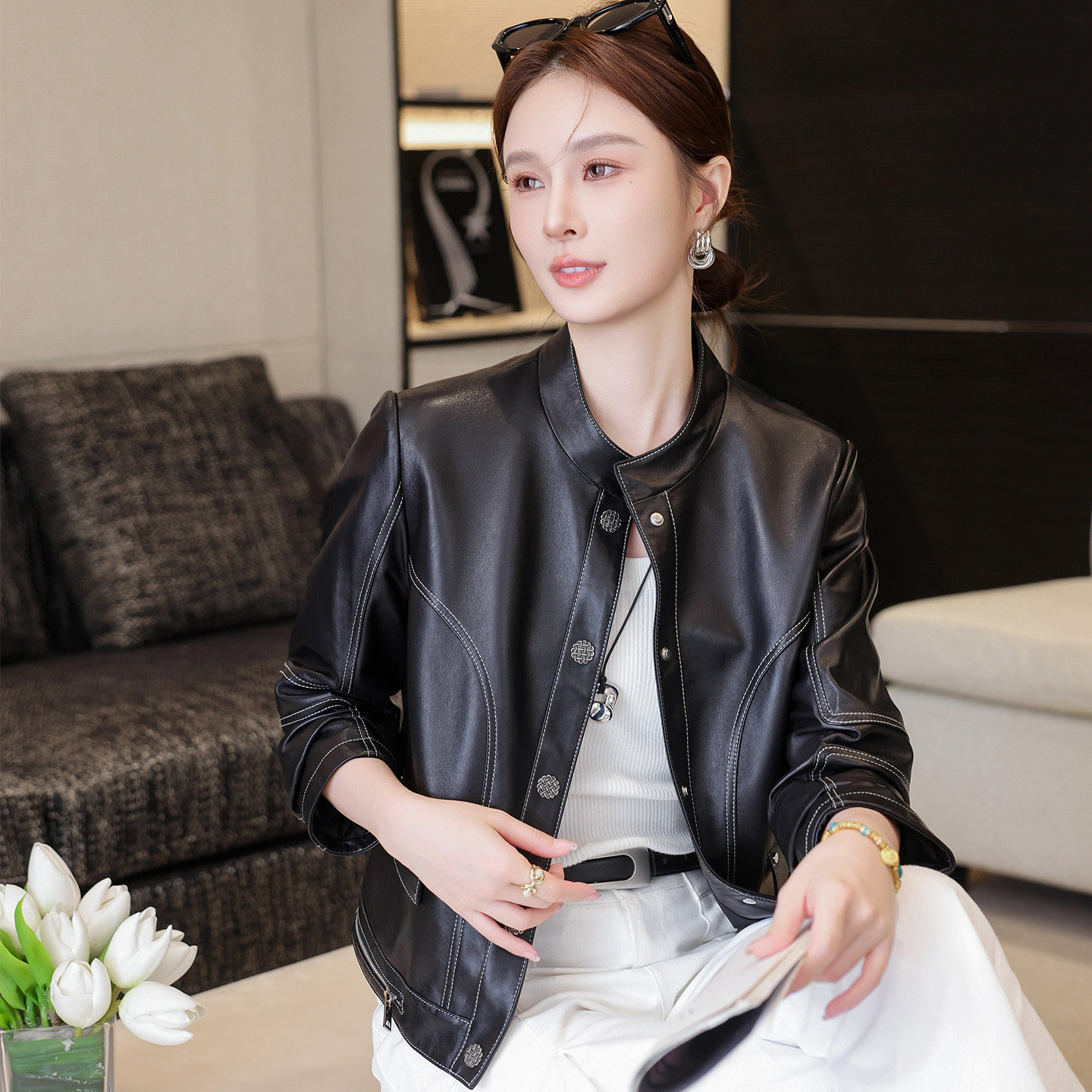 海宁真皮皮衣女2026款秋季时尚长袖气质短款高级感绵羊皮夹克外套