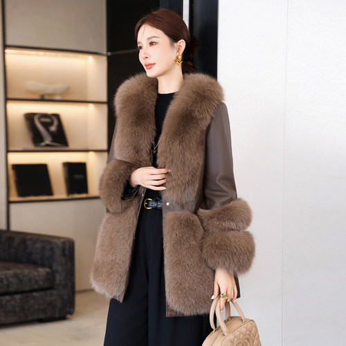 海宁真皮羽绒服皮衣女中长款