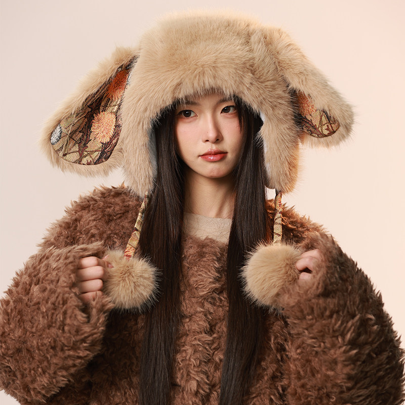 毛茸茸兔子耳朵毛绒帽冬加厚加绒别致独特时尚洋气保暖防寒护耳帽