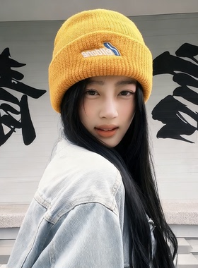 黄色冷帽女款2025新款秋冬季大头围保暖针织帽子百搭显脸小毛线帽