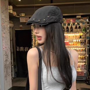 大帽檐洋气好看遮阳防晒黑贝雷帽 嘻哈风朋克铆钉前进帽2025年新款