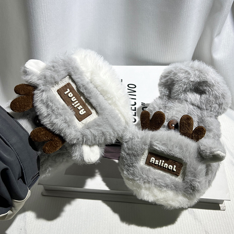 拼色小鹿角毛绒翻盖手套