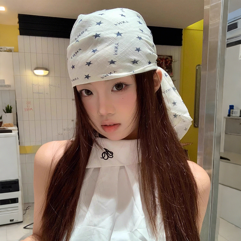y2k星星印花包头帽女2025秋季薄款方巾大尺寸复古日系丝巾头巾帽