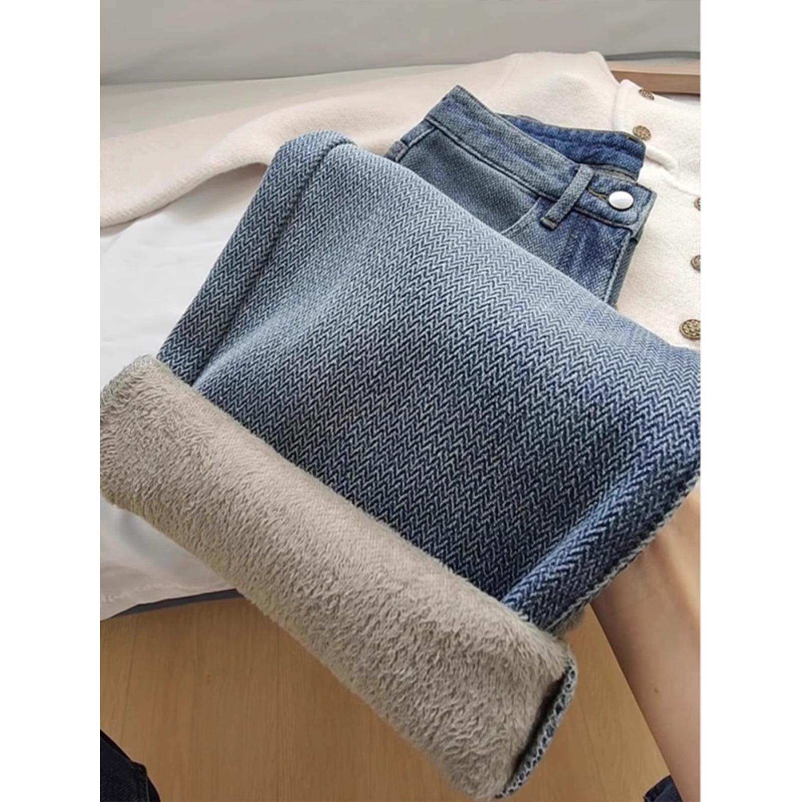 加绒阔腿牛仔裤女冬季高腰大码胖mm显瘦宽松小个子加厚保暖直筒裤