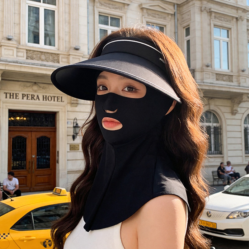 夏季空顶防晒帽女骑行防紫外线全包围遮阳面罩冰丝一体护颈宽帽檐
