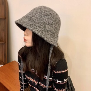 韩版针织水桶帽子女秋冬保暖显脸小盆帽后开叉系带护耳毛线渔夫帽
