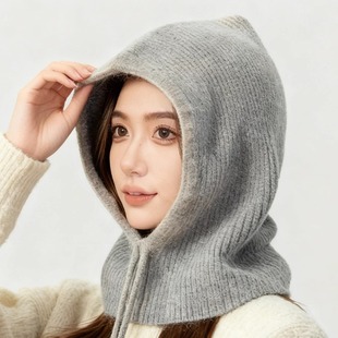 氛围感针织套头帽女士冬加厚保暖防寒显脸小御寒百搭护耳围脖帽子