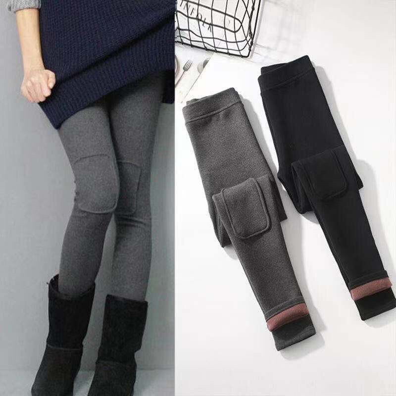 2023秋冬韩版东大门羊羔绒磨毛加厚加绒棉质膝盖贴布补丁打底裤女