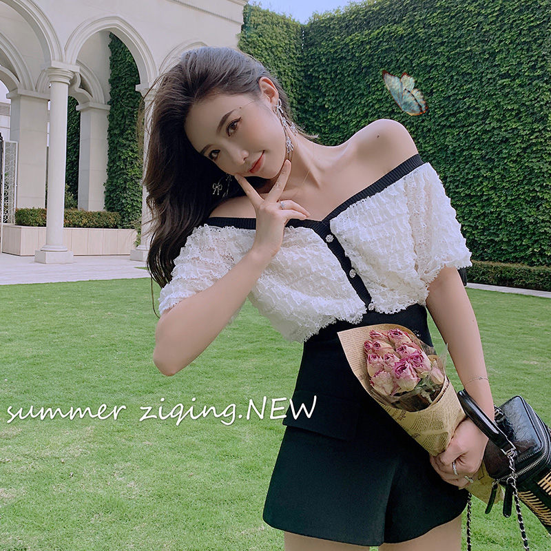 子晴 名媛圈顶流 夏新款一字肩收腰蕾丝衫显瘦网红气质上衣女