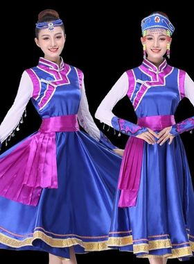 2025年国朝蒙古鸿雁舞蹈服装女四季民族风飘逸蓝色大摆裙服饰