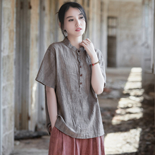 苎麻复古扎染短袖上衣薄女夏季2025新款棉麻禅意茶服T恤宽松衬衣