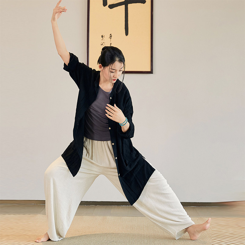亚麻复古垂感太极服女春秋2026新款棉麻禅系衬衣开衫瑜伽打坐外衣