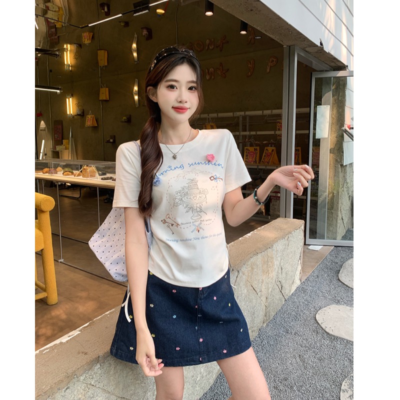 小吉家大码女装夏装胖mm韩版卡通印花抽绳短袖上衣牛仔半身裙套装
