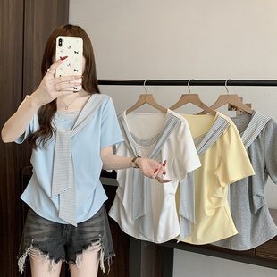 胖mm休闲条纹拼接披肩显瘦弧形短袖 小吉家大码 新款 夏季 上衣女 女装