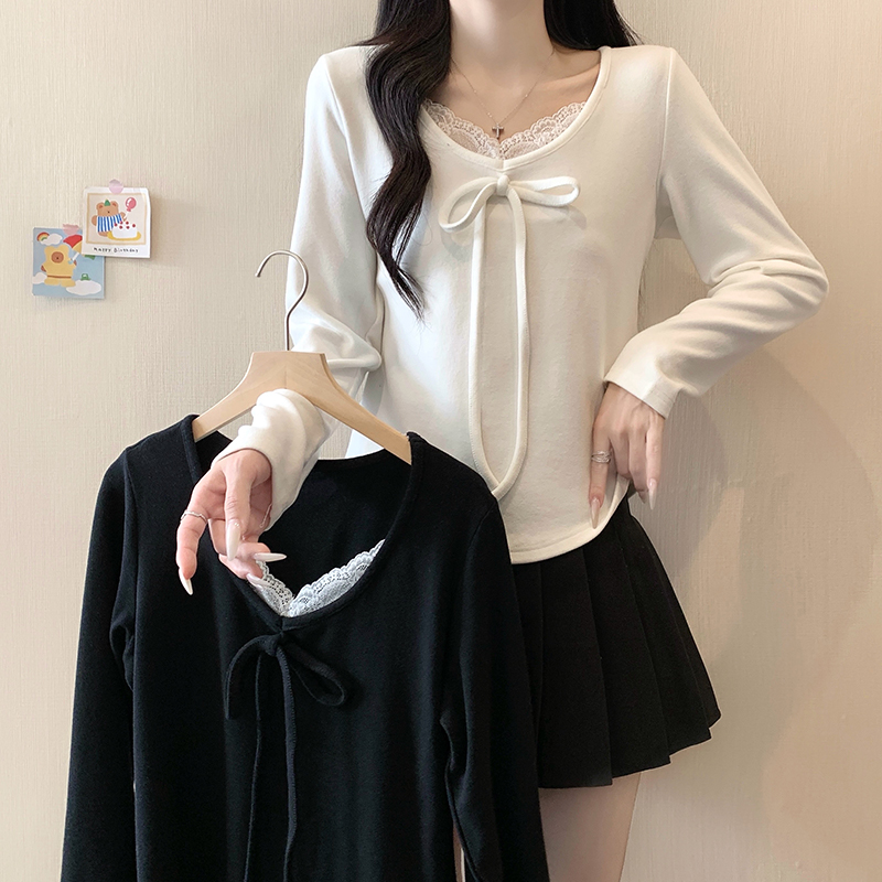 小吉家大码女装秋冬新款蕾丝拼接长袖T恤磨毛加厚内搭打底上衣女