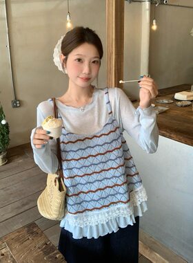 小吉家大码女装春季新款胖mm温柔蕾丝衫吊带长袖T恤叠穿两件套女