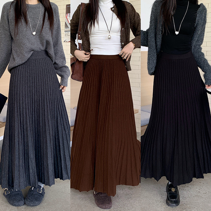 小吉家大码女装秋冬新款胖mm百搭高腰显瘦中长款a字裙针织百褶裙