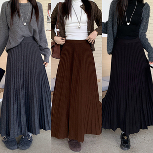 胖mm百搭高腰显瘦中长款 秋冬新款 a字裙针织百褶裙 女装 小吉家大码