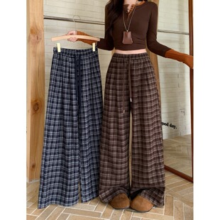 垂感拖地遛弯裤 小吉家大码 高腰休闲裤 秋冬胖mm复古格子阔腿裤 女装