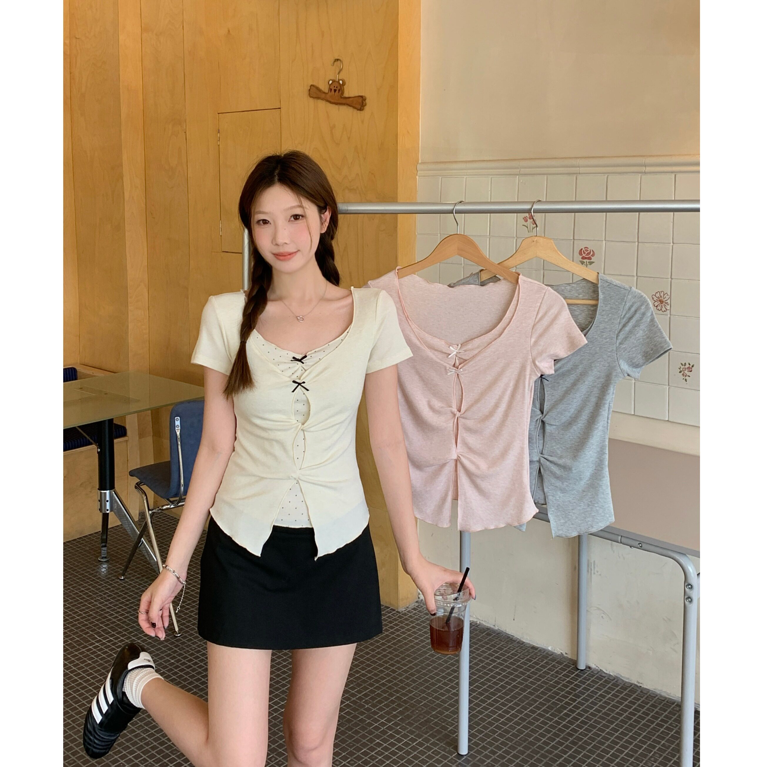 小吉家大码女装胖mm夏季纯欲假两件波点短袖蝴蝶结扭结T恤上衣女