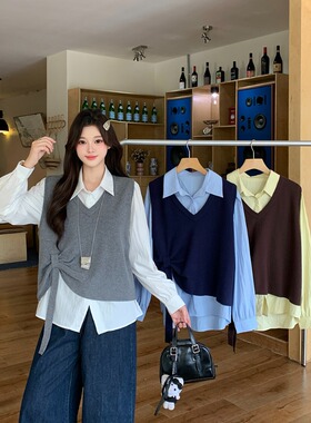 小吉家大码女装秋装新款胖mm休闲减龄针织马甲背心长袖衬衣两件套