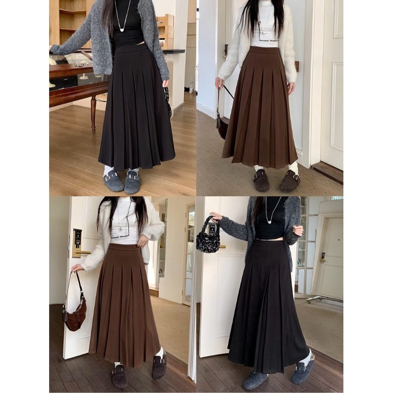 小吉家大码女装秋冬新款胖mm复古高腰百褶a字裙中长款显瘦半身裙