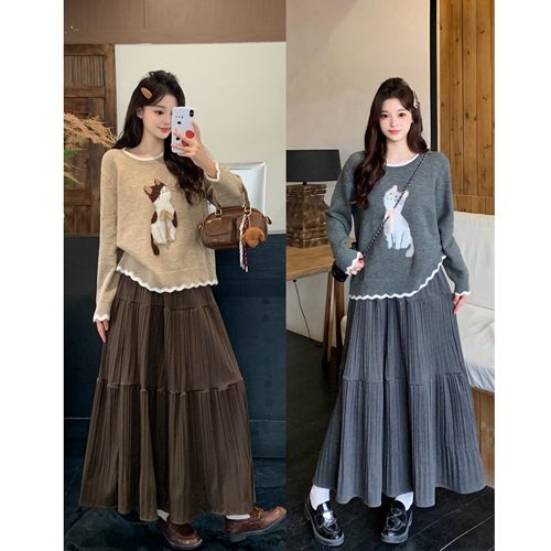 小吉家大码女装秋冬新款胖mm甜美慵懒风绣花小猫软糯毛衣长袖上衣