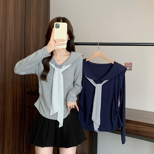 胖mm韩系减龄海军领条纹绑带显瘦长袖 小吉家大码 新款 秋装 上衣 女装