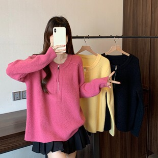 胖mm百搭软糯保暖针织半开领毛衣显瘦上衣 秋冬新款 小吉家大码 女装