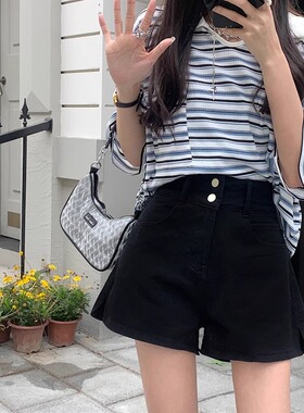 小吉家大码女装黑色牛仔短裤夏季胖mm设计感小众高腰宽松阔腿短裤