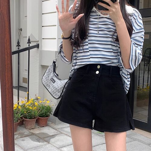 小吉家大码女装黑色牛仔短裤夏季胖mm设计感小众高腰宽松阔腿短裤