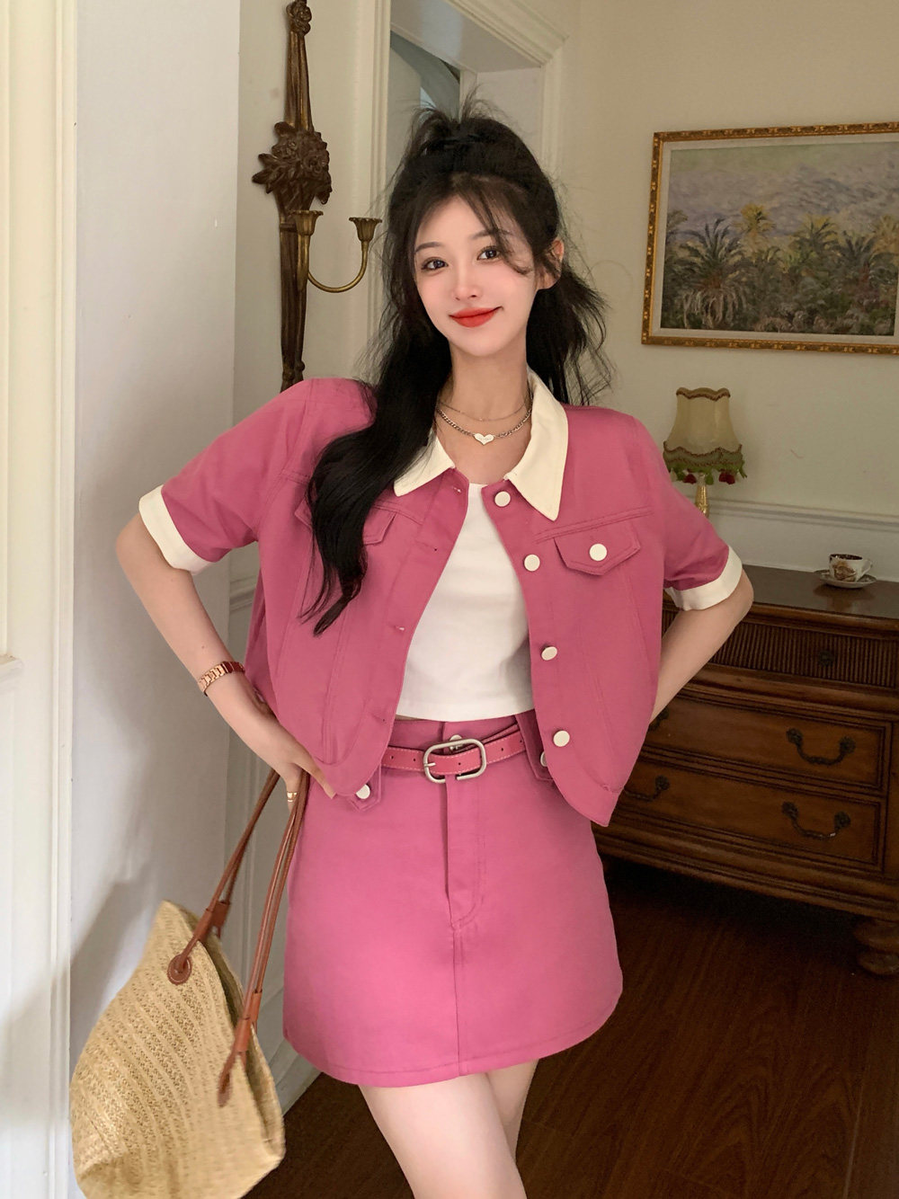 大码胖mm撞色设计感短款粉色牛仔开衫女高腰a字半身裙时尚两件套