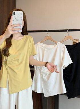 小吉家大码女装夏季胖mm正肩短袖T恤不对称别致遮肚子显瘦上衣女